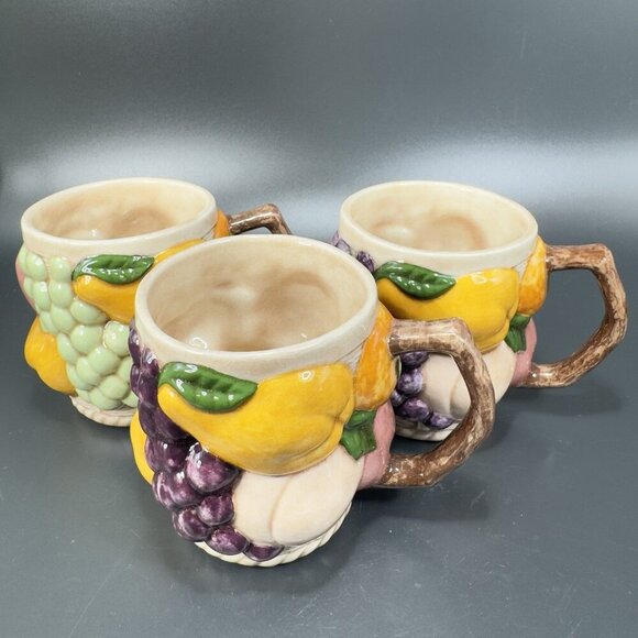 Vintage 1969 Hand Glazed Painted Ceramic Mugs Cups Set 3 Fruit Whimsical Signed - Picture 8 of 14